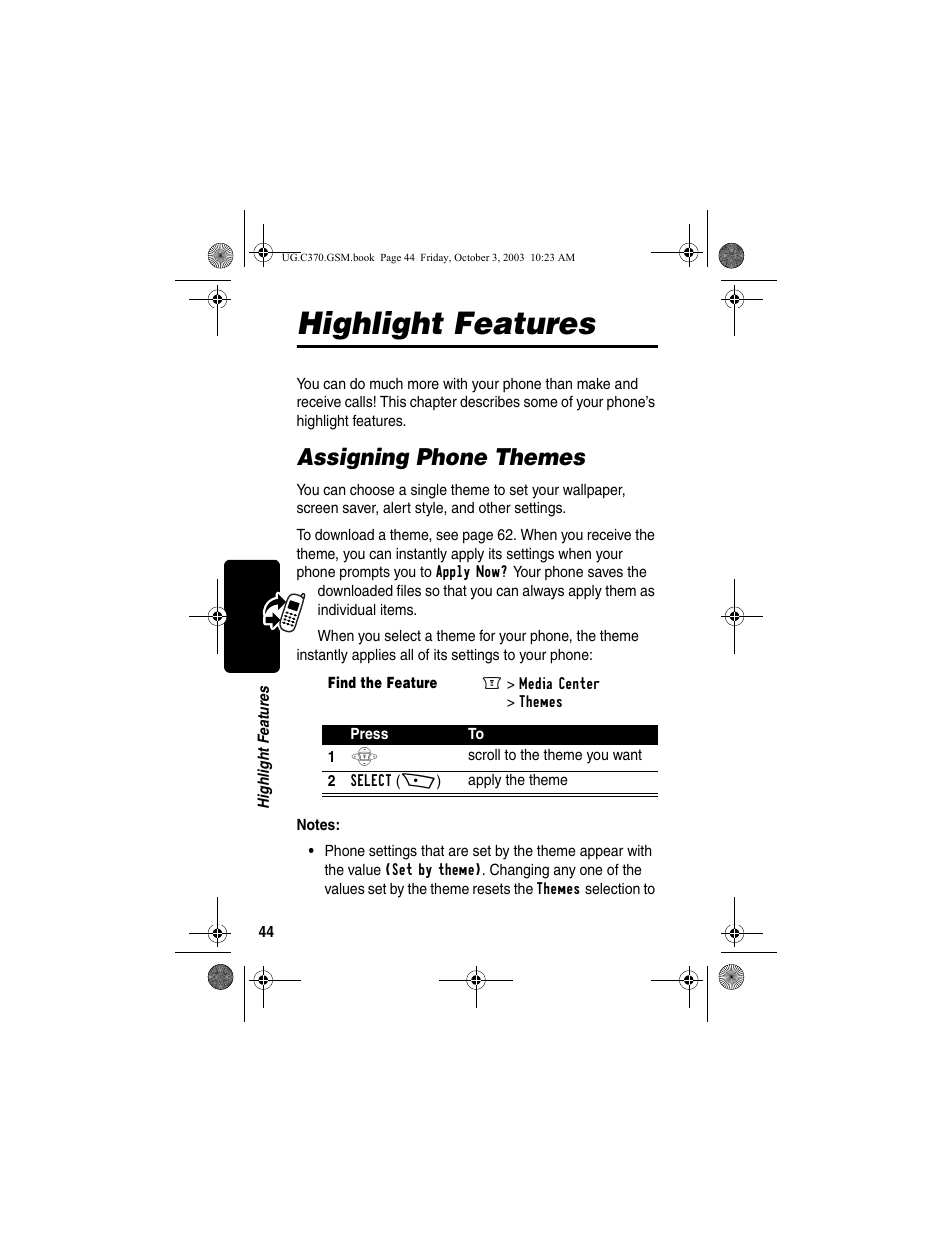 Highlight features, Assigning phone themes | Motorola C370 Series User Manual | Page 46 / 132
