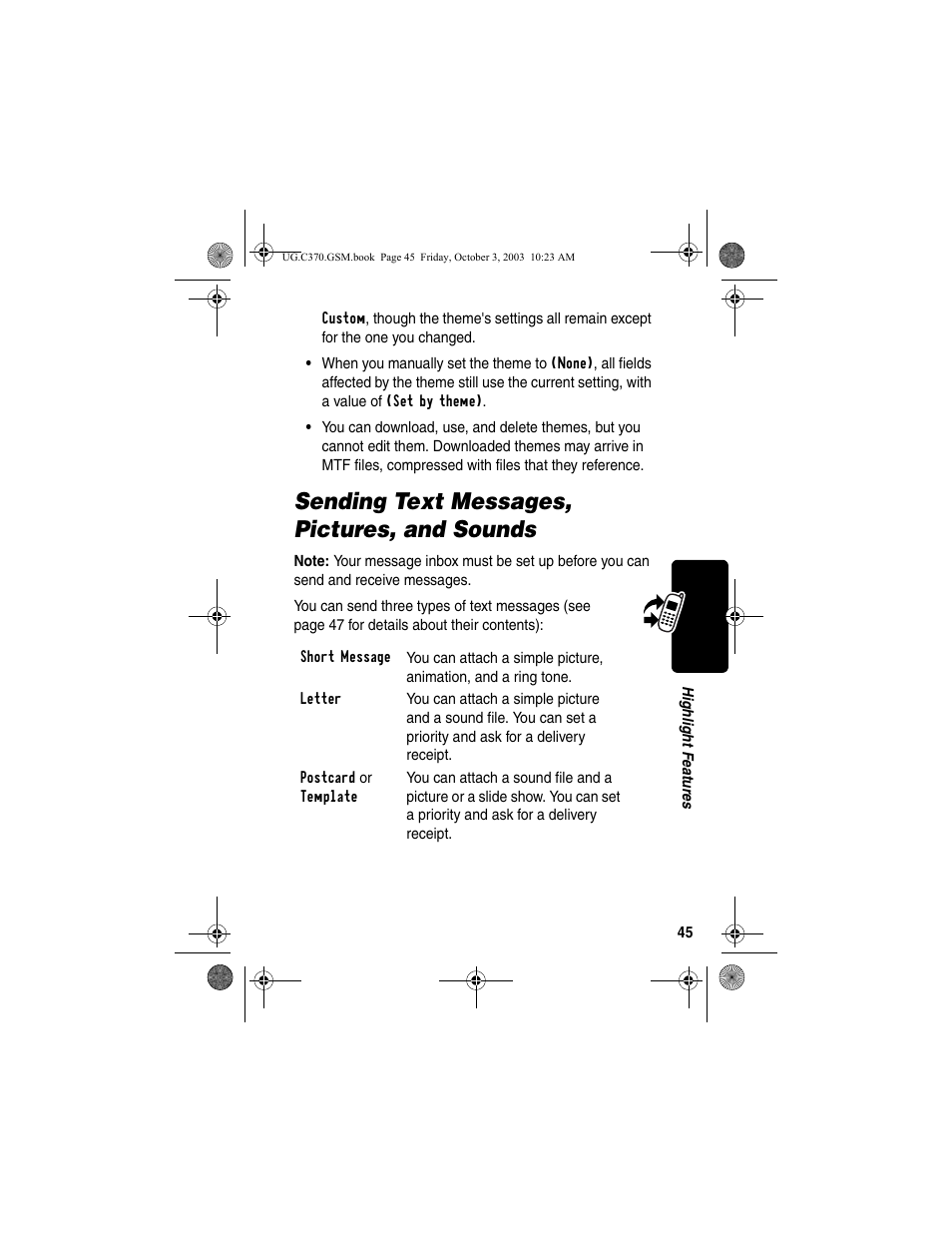 Sending text messages, pictures, and sounds | Motorola C370 Series User Manual | Page 47 / 132