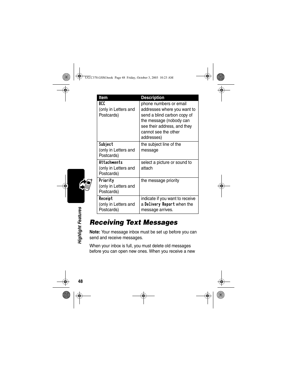 Receiving text messages | Motorola C370 Series User Manual | Page 50 / 132