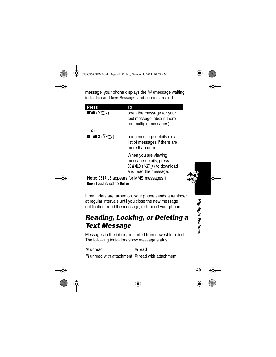 Reading, locking, or deleting a text message | Motorola C370 Series User Manual | Page 51 / 132