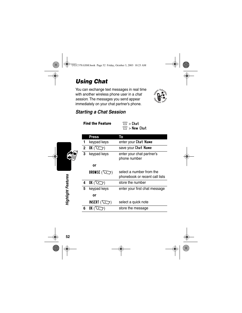 Using chat, Starting a chat session | Motorola C370 Series User Manual | Page 54 / 132