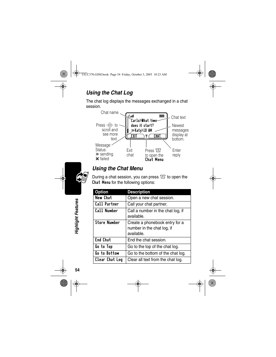 Using the chat log, Using the chat menu | Motorola C370 Series User Manual | Page 56 / 132