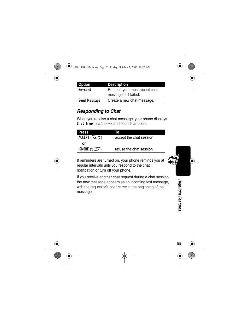 Responding to chat | Motorola C370 Series User Manual | Page 57 / 132