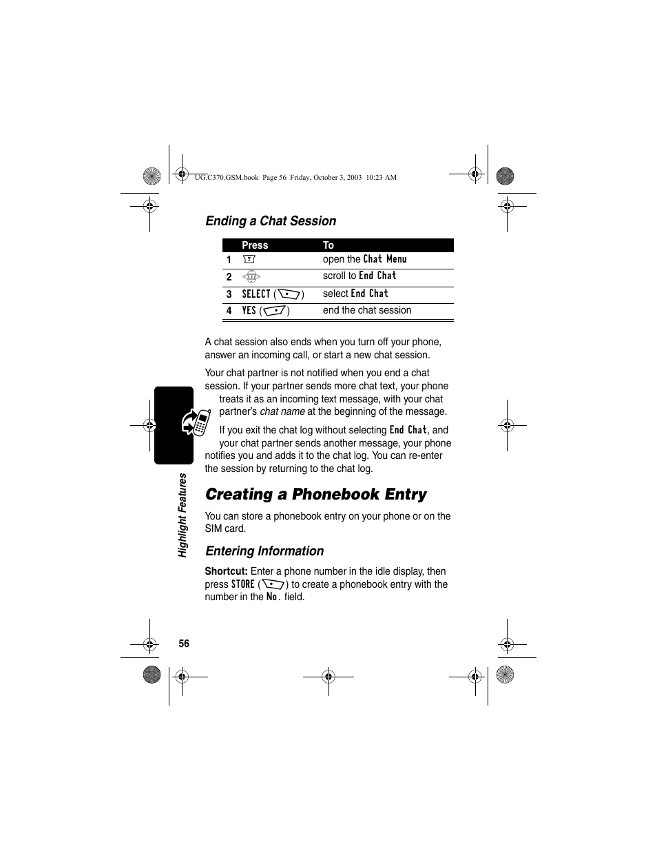 Creating a phonebook entry, Ending a chat session, Entering information | Motorola C370 Series User Manual | Page 58 / 132