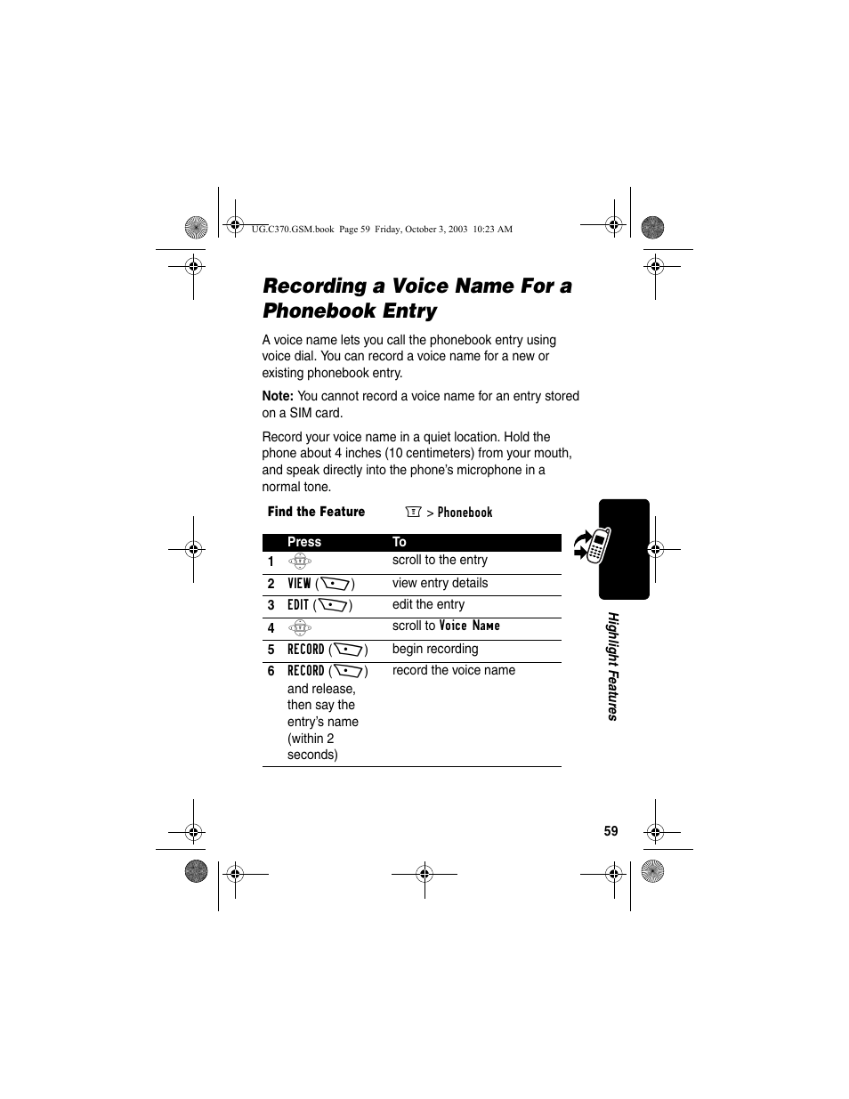 Recording a voice name for a phonebook entry | Motorola C370 Series User Manual | Page 61 / 132