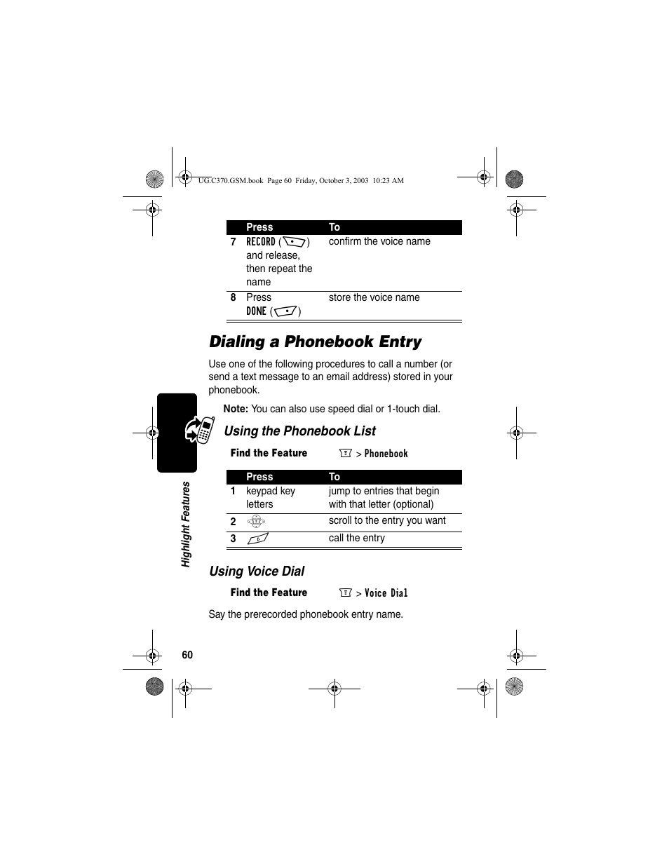 Dialing a phonebook entry, Using the phonebook list using voice dial | Motorola C370 Series User Manual | Page 62 / 132