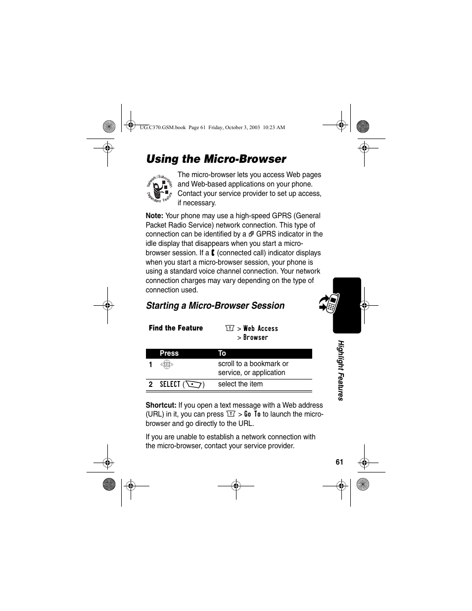 Using the micro-browser, Starting a micro-browser session | Motorola C370 Series User Manual | Page 63 / 132