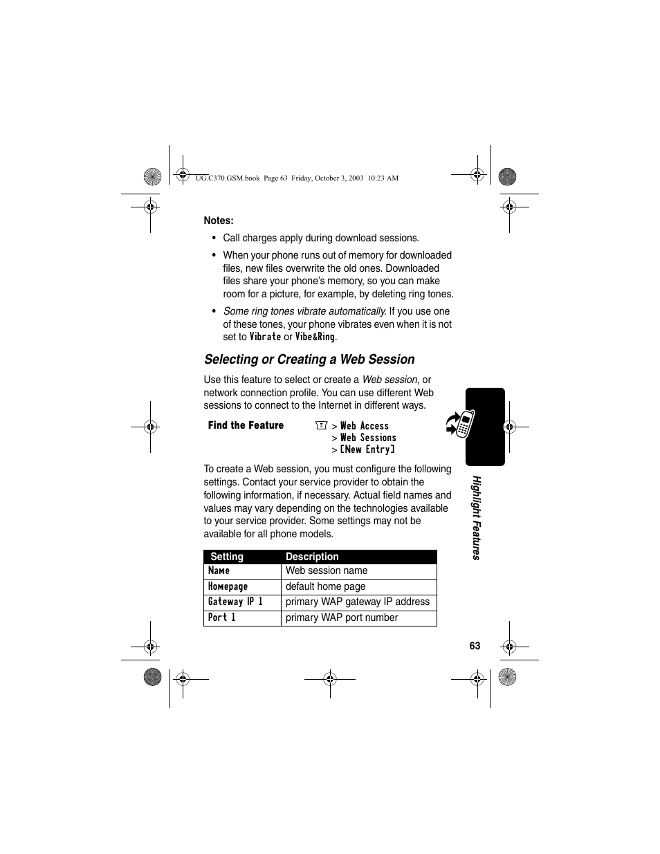 Selecting or creating a web session | Motorola C370 Series User Manual | Page 65 / 132