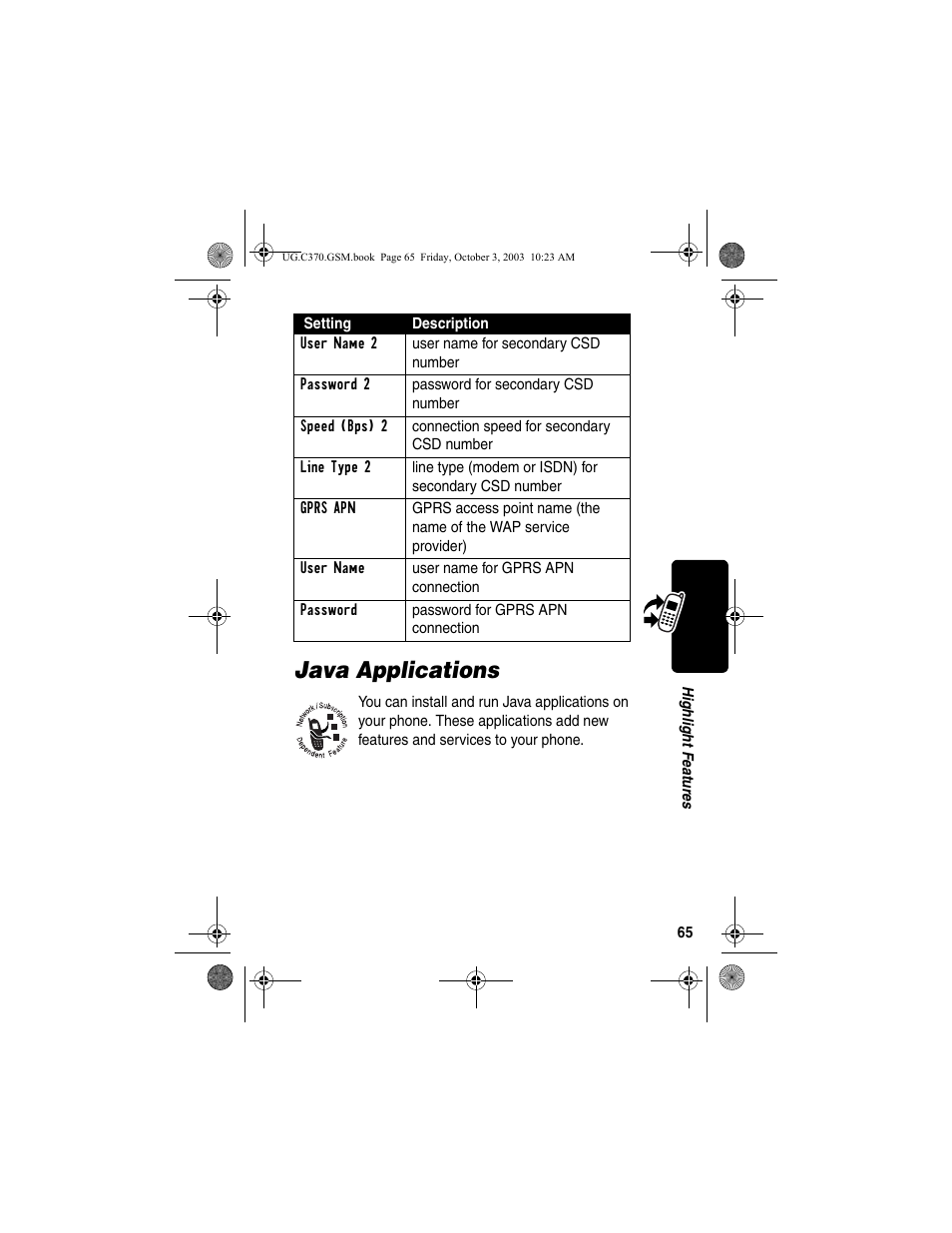 Java applications | Motorola C370 Series User Manual | Page 67 / 132