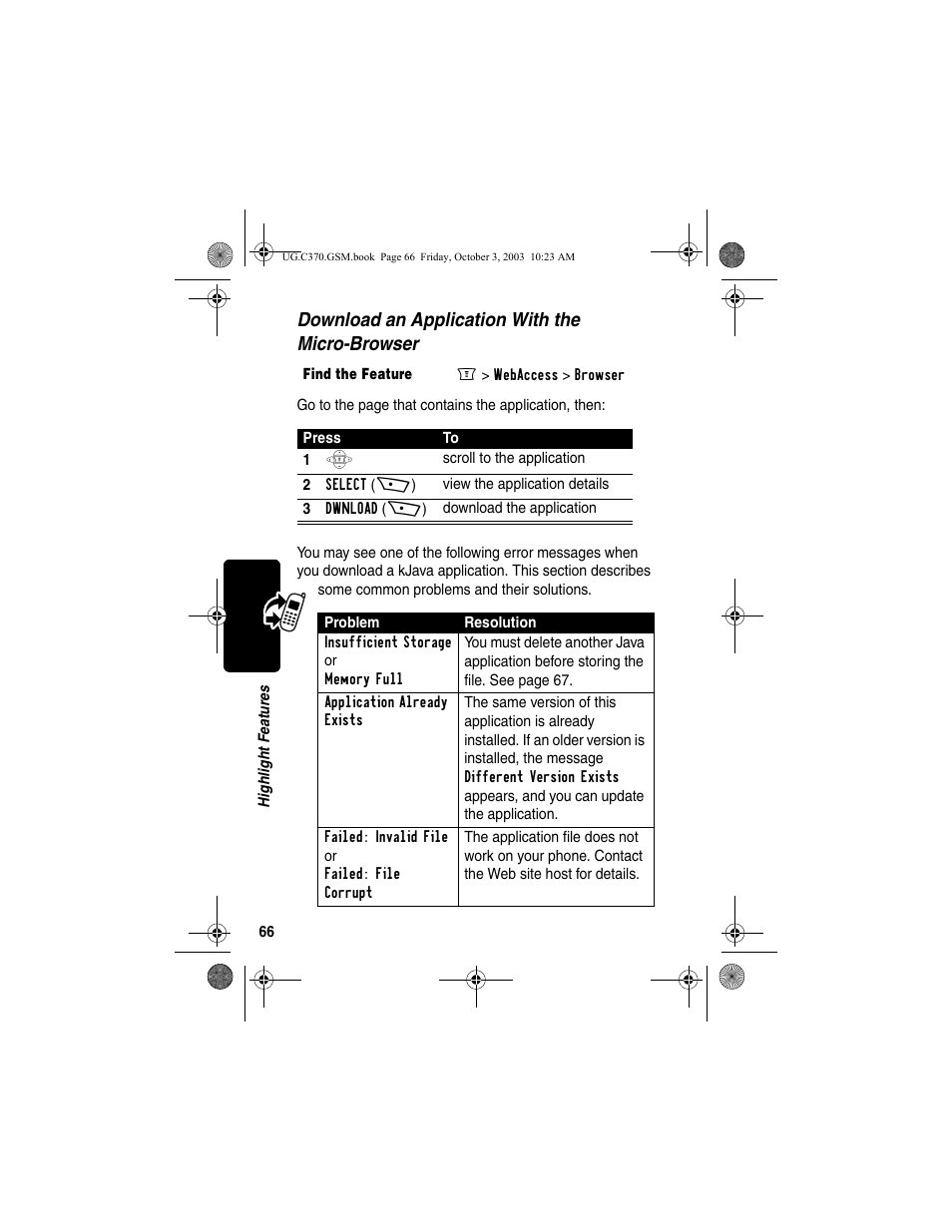 Download an application with the micro-browser | Motorola C370 Series User Manual | Page 68 / 132
