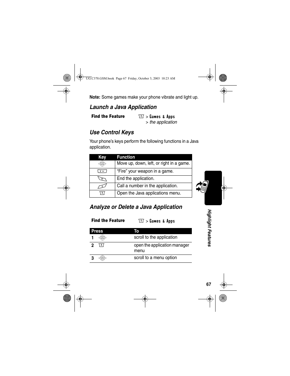 Launch a java application use control keys, Analyze or delete a java application | Motorola C370 Series User Manual | Page 69 / 132