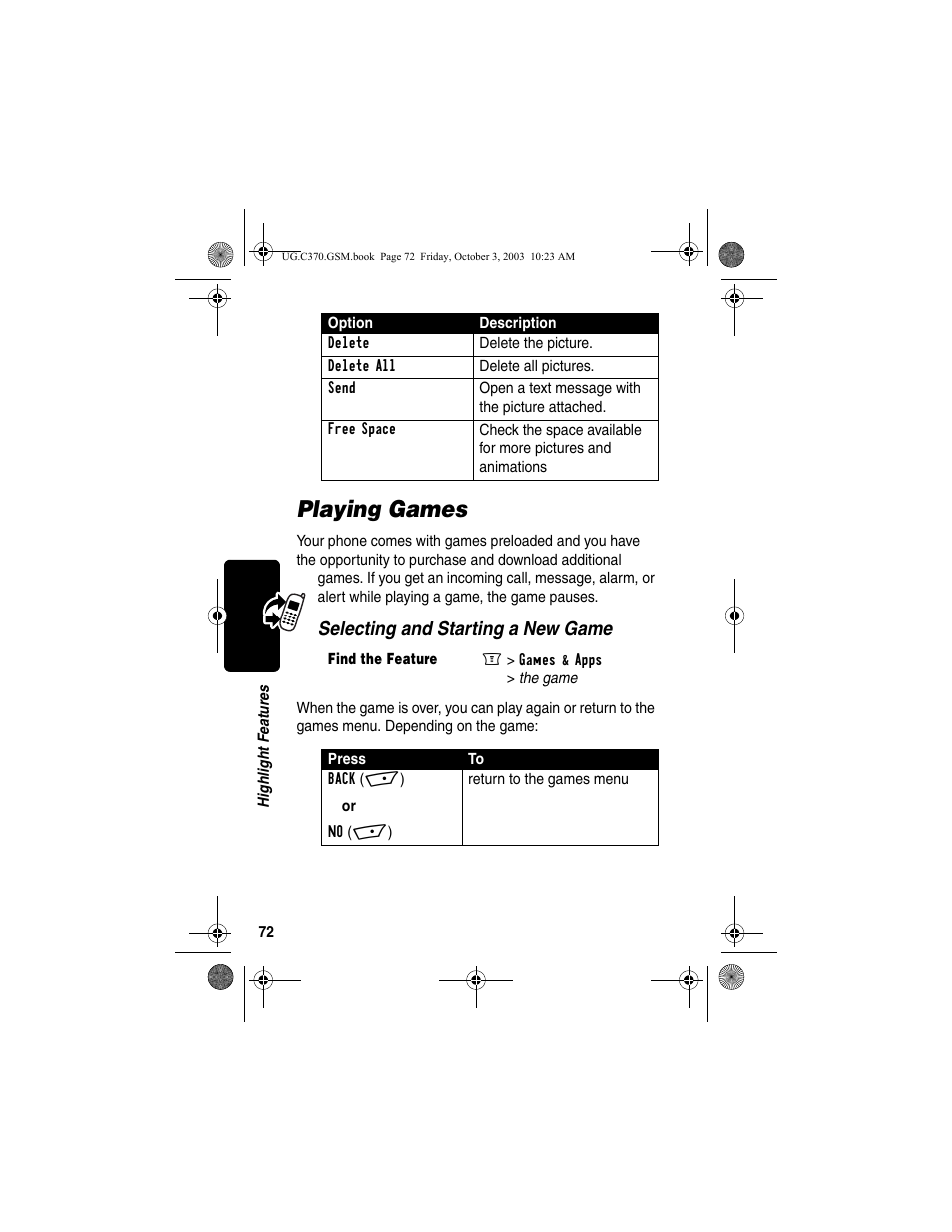 Playing games, Selecting and starting a new game | Motorola C370 Series User Manual | Page 74 / 132