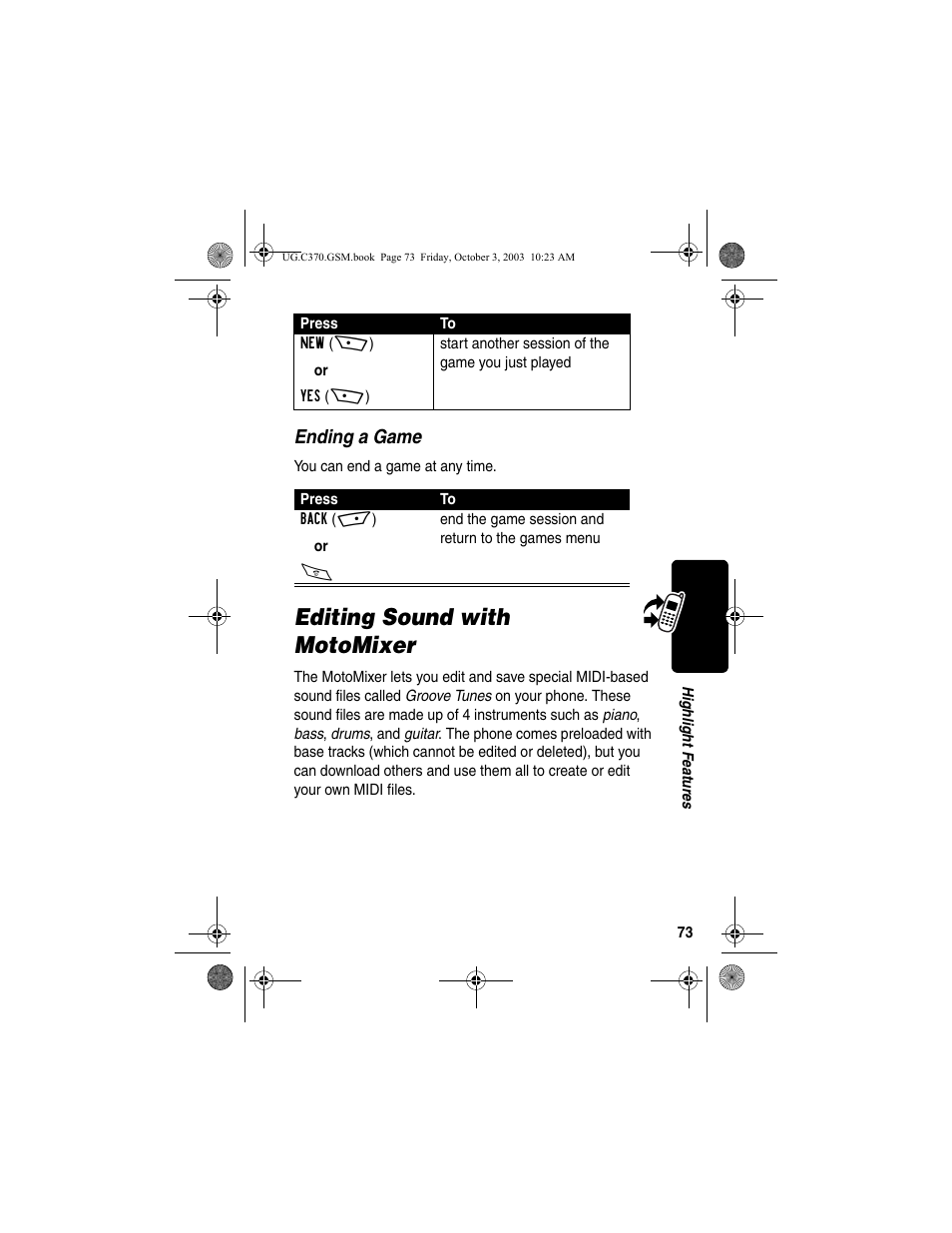 Editing sound with motomixer, Ending a game | Motorola C370 Series User Manual | Page 75 / 132