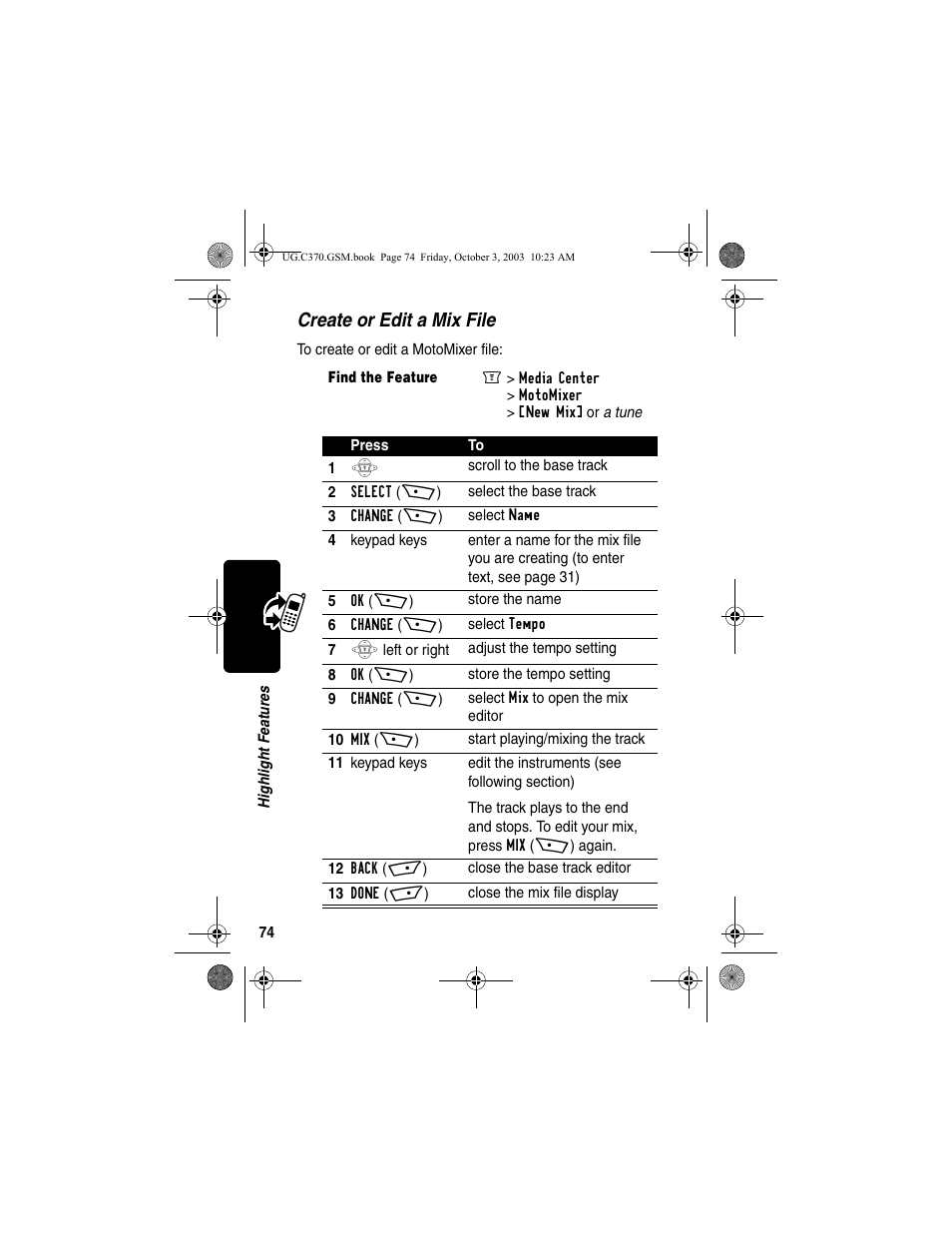 Create or edit a mix file | Motorola C370 Series User Manual | Page 76 / 132