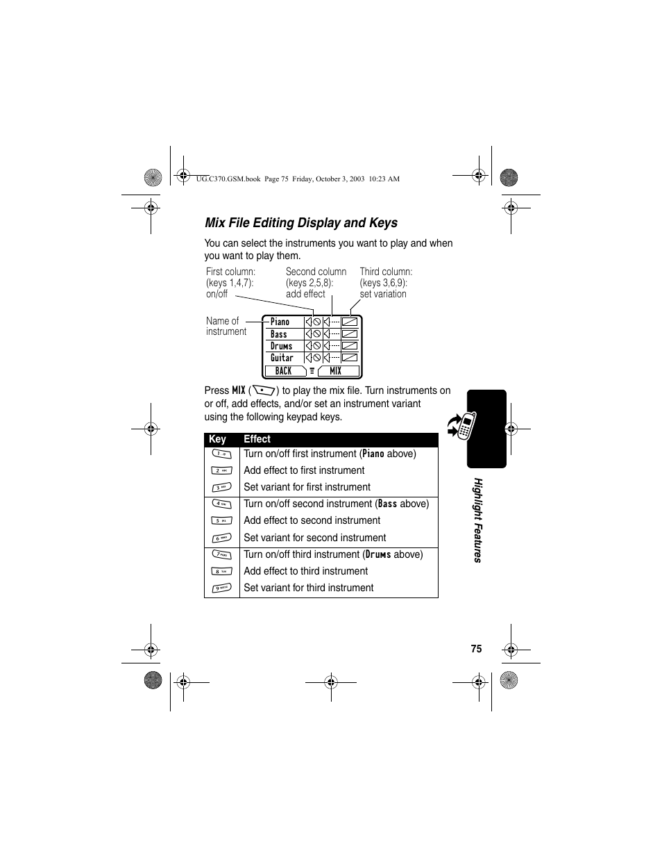 Mix file editing display and keys | Motorola C370 Series User Manual | Page 77 / 132