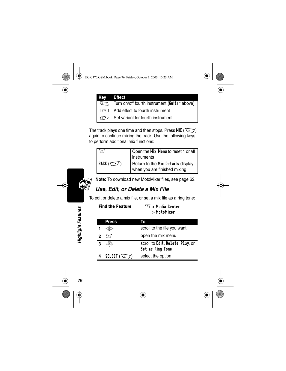 Use, edit, or delete a mix file | Motorola C370 Series User Manual | Page 78 / 132