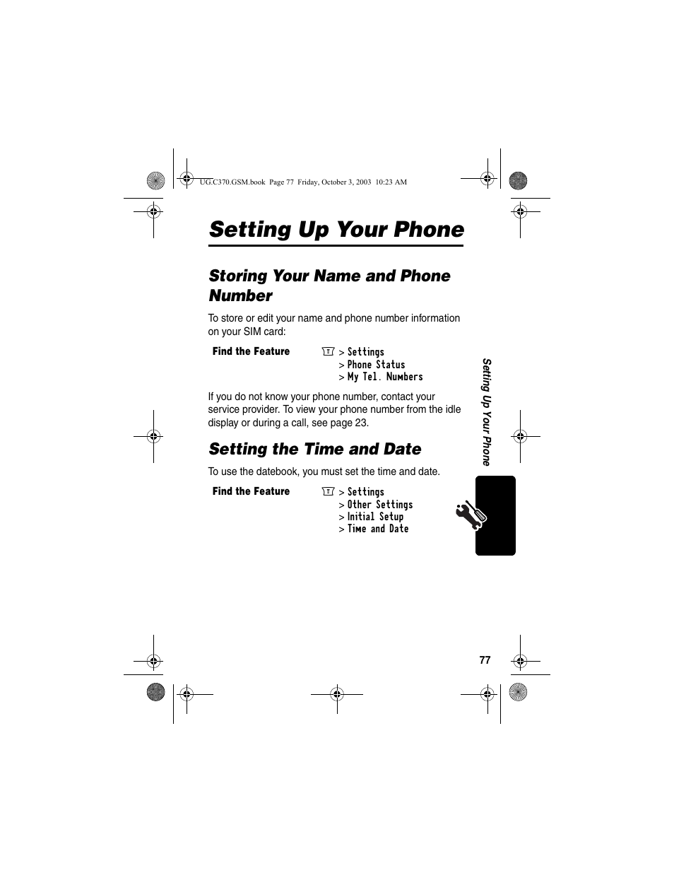 Setting up your phone, Storing your name and phone number, Setting the time and date | Motorola C370 Series User Manual | Page 79 / 132