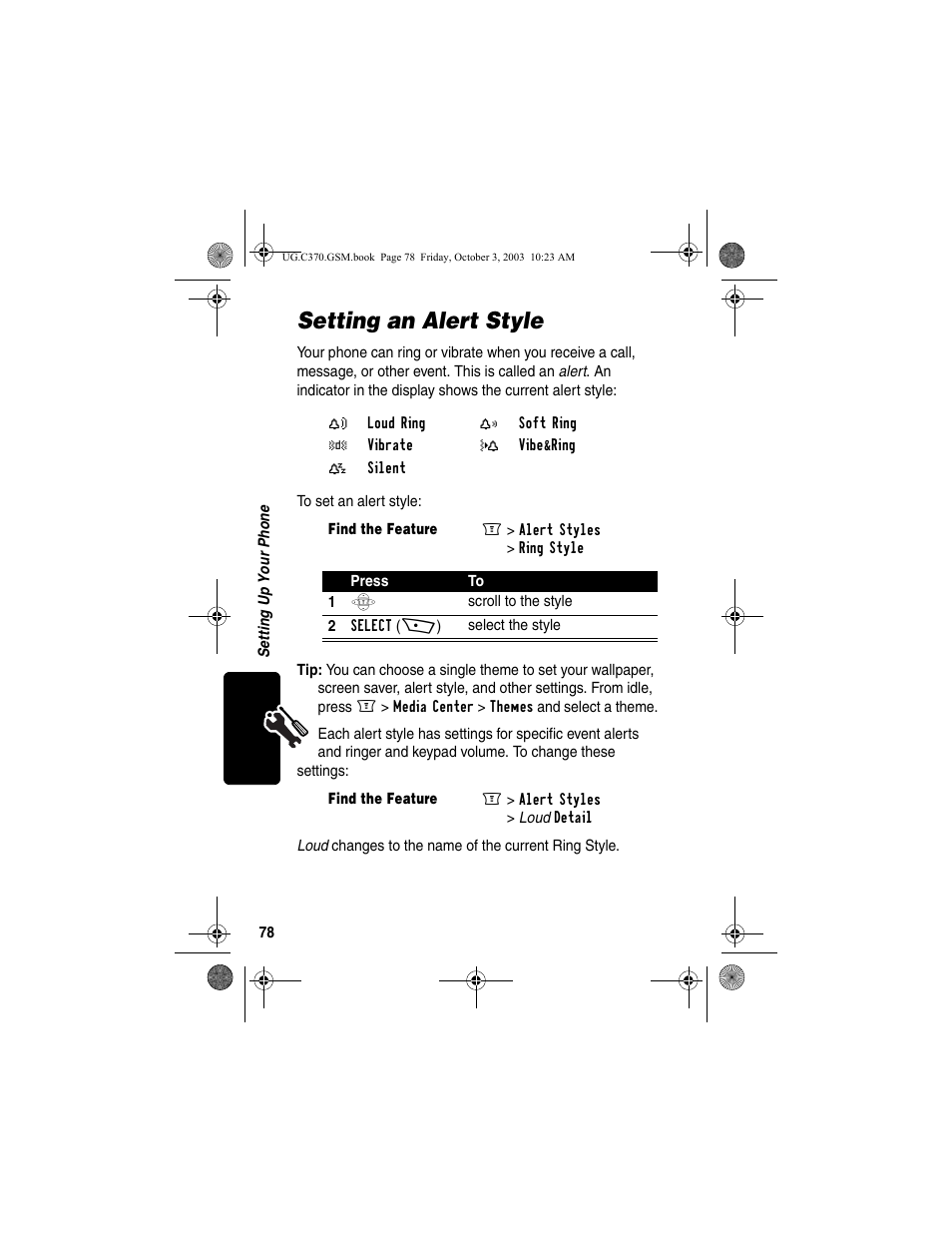 Setting an alert style | Motorola C370 Series User Manual | Page 80 / 132