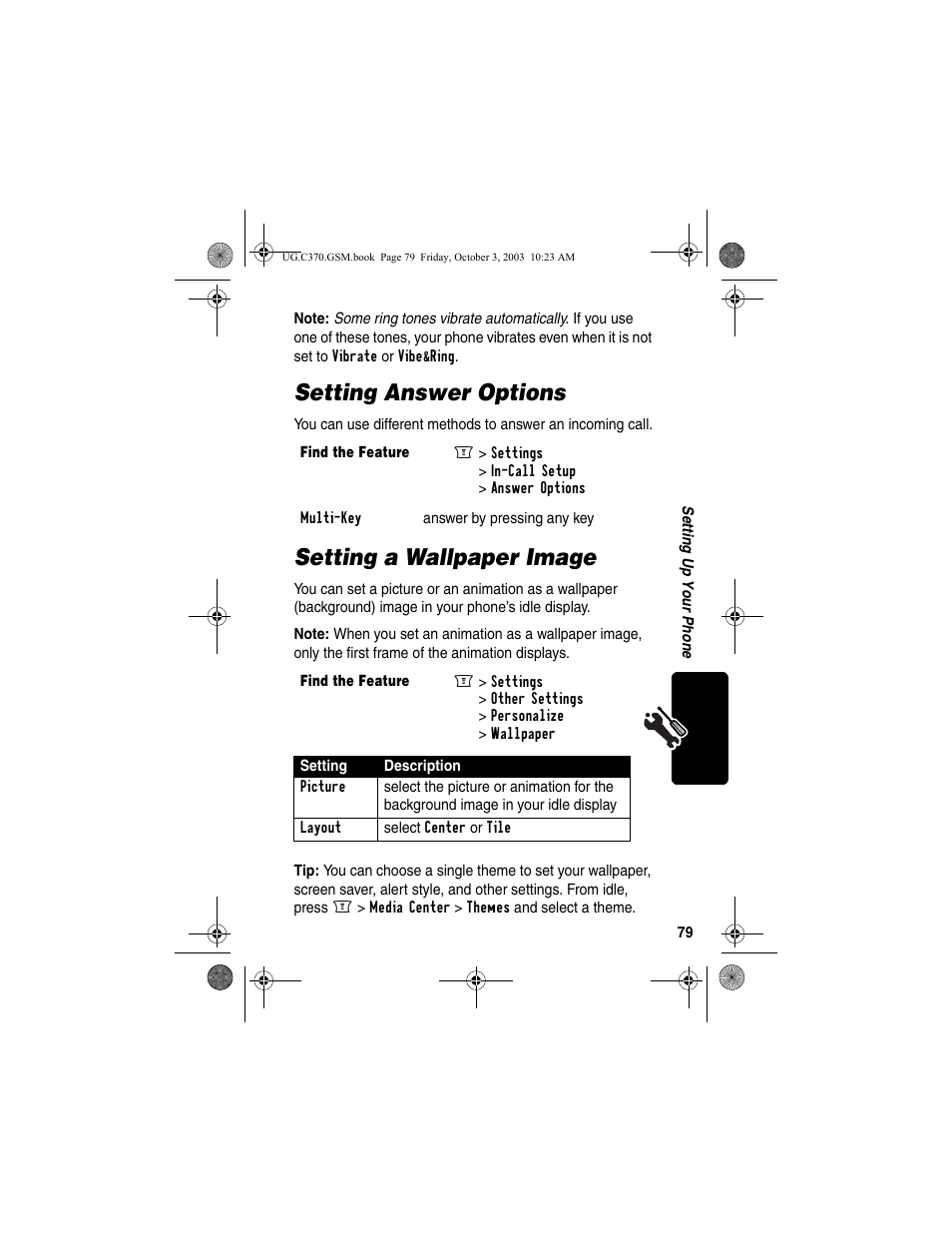 Setting answer options, Setting a wallpaper image, Setting answer options setting a wallpaper image | Motorola C370 Series User Manual | Page 81 / 132