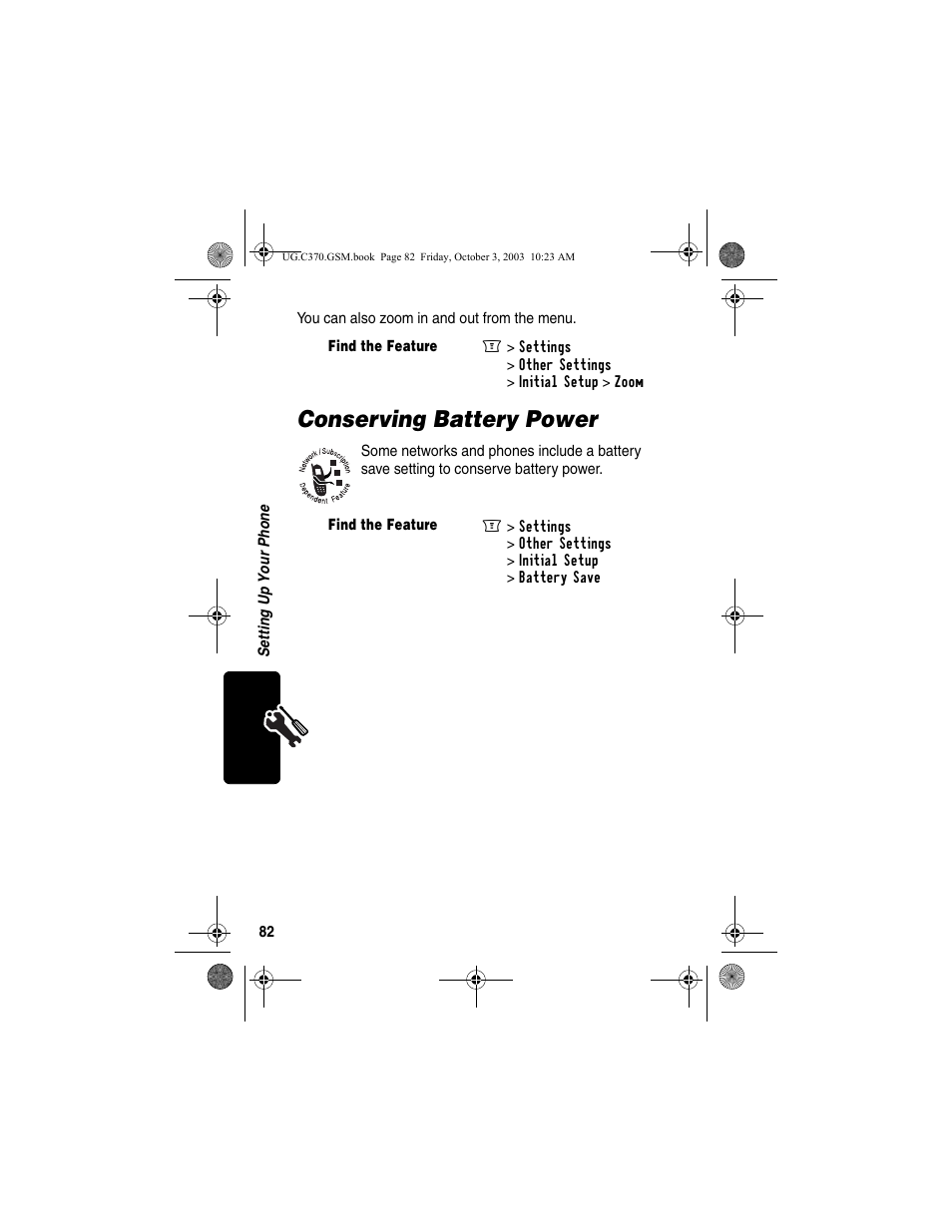 Conserving battery power | Motorola C370 Series User Manual | Page 84 / 132