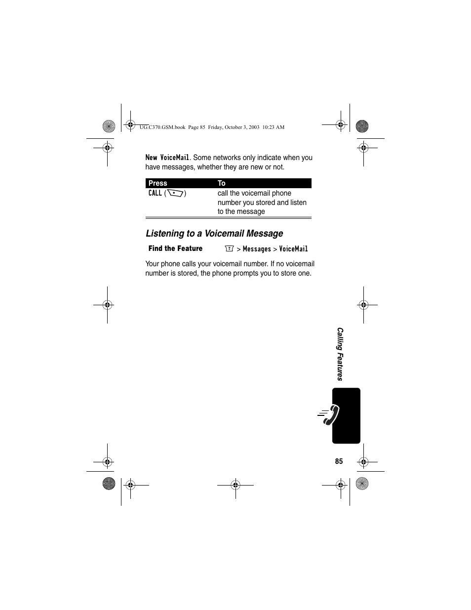 Listening to a voicemail message | Motorola C370 Series User Manual | Page 87 / 132