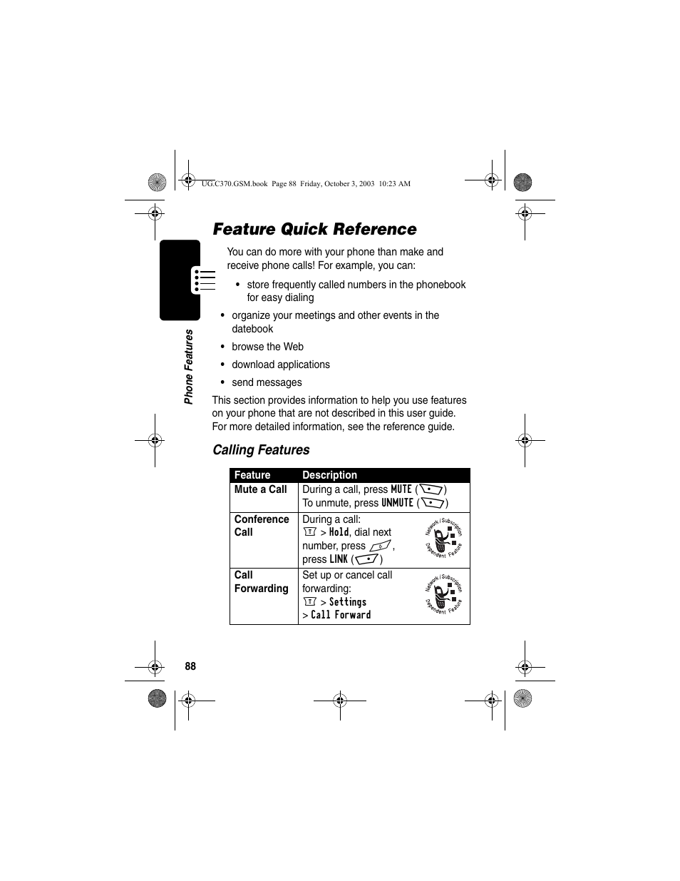 Feature quick reference, Calling features | Motorola C370 Series User Manual | Page 90 / 132
