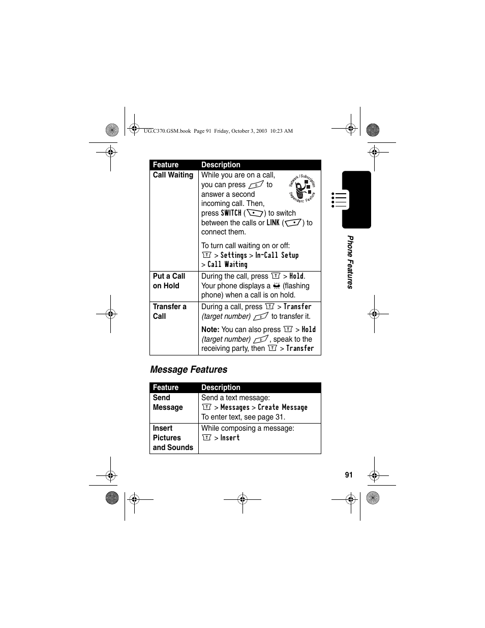 Message features | Motorola C370 Series User Manual | Page 93 / 132