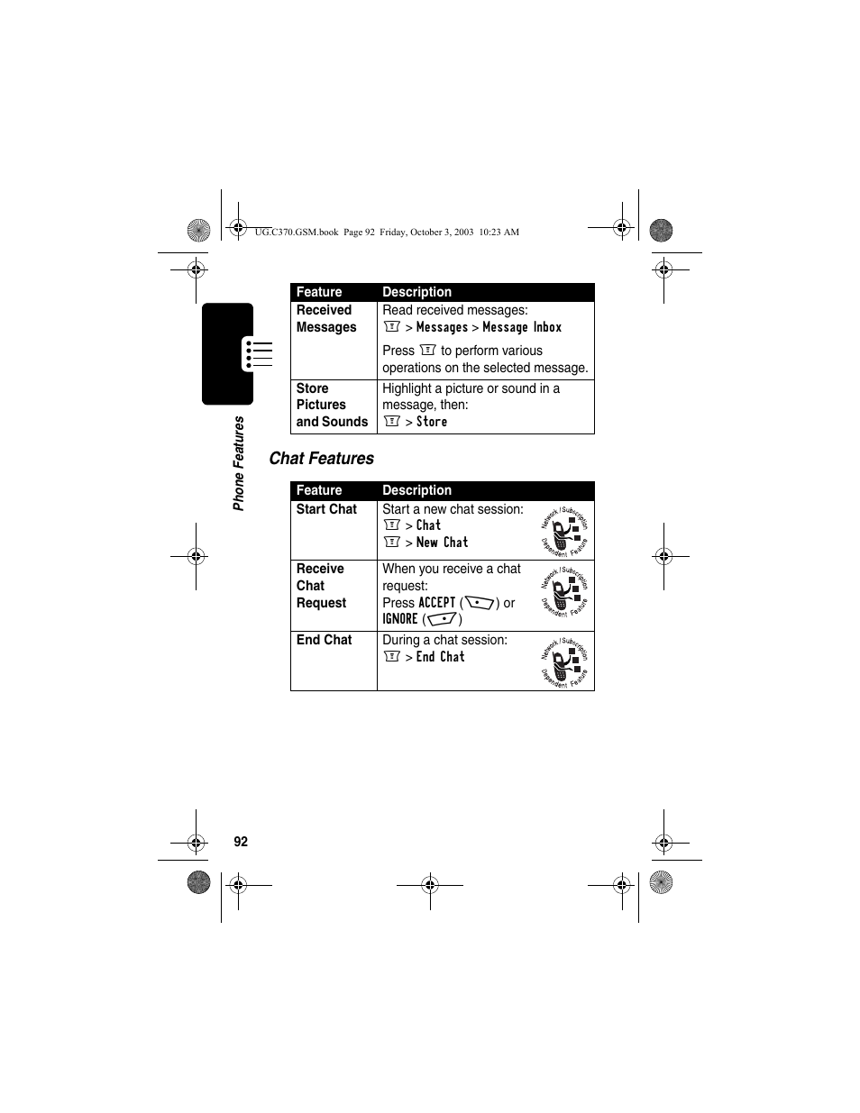 Chat features | Motorola C370 Series User Manual | Page 94 / 132