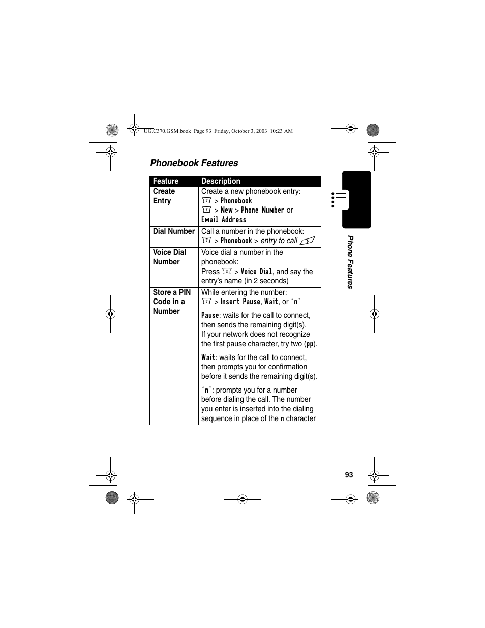 Phonebook features | Motorola C370 Series User Manual | Page 95 / 132