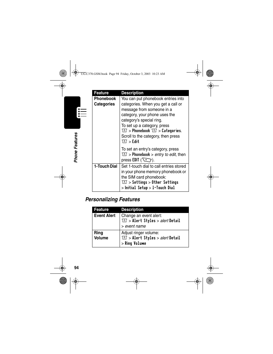 Personalizing features | Motorola C370 Series User Manual | Page 96 / 132