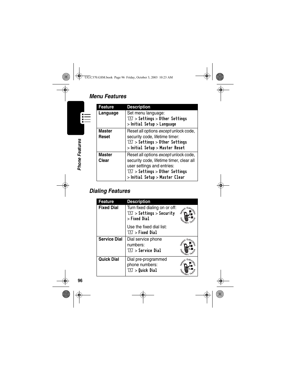 Menu features dialing features | Motorola C370 Series User Manual | Page 98 / 132