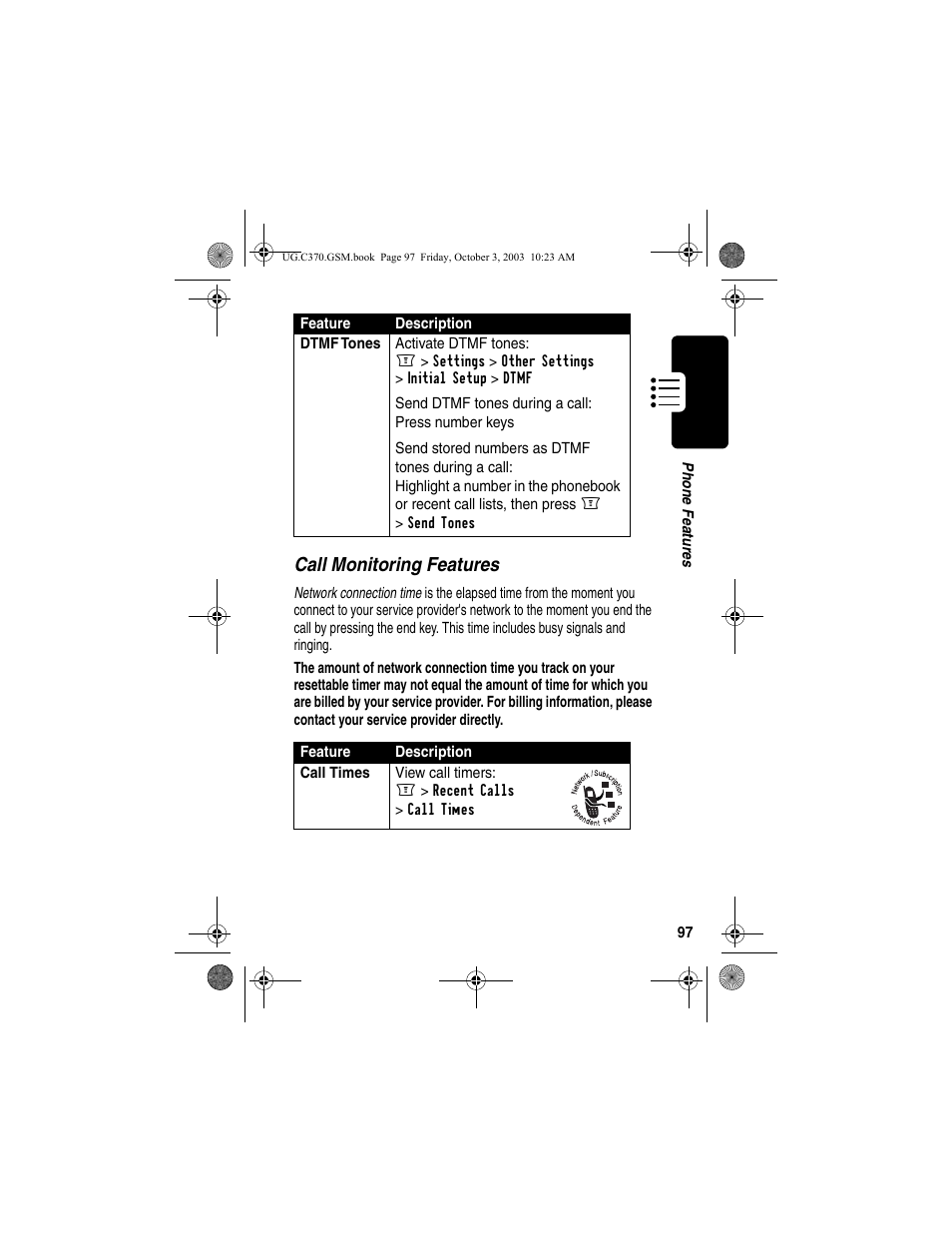 Call monitoring features | Motorola C370 Series User Manual | Page 99 / 132