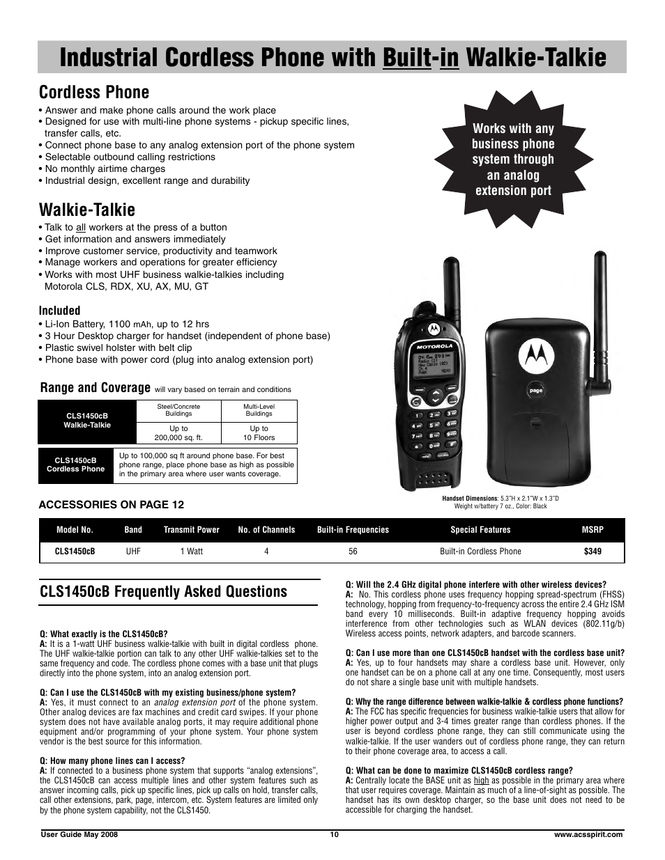 Cordless phone, Walkie-talkie, Cls1450cb frequently asked questions | Range and coverage, Included | Motorola RDX RDV5100 User Manual | Page 10 / 15