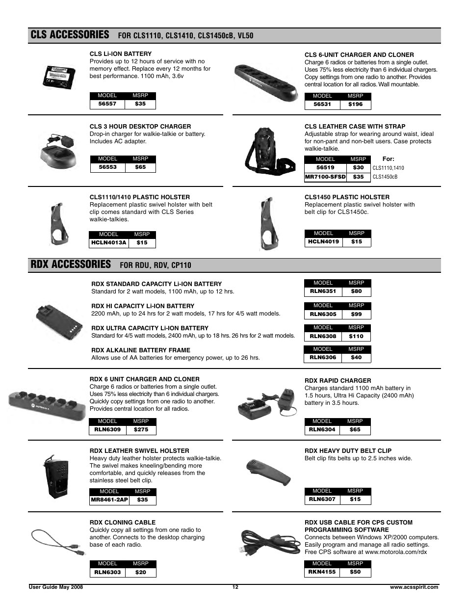 Cls accessories, Rdx accessories, For rdu, rdv, cp110 | Motorola RDX RDV5100 User Manual | Page 12 / 15