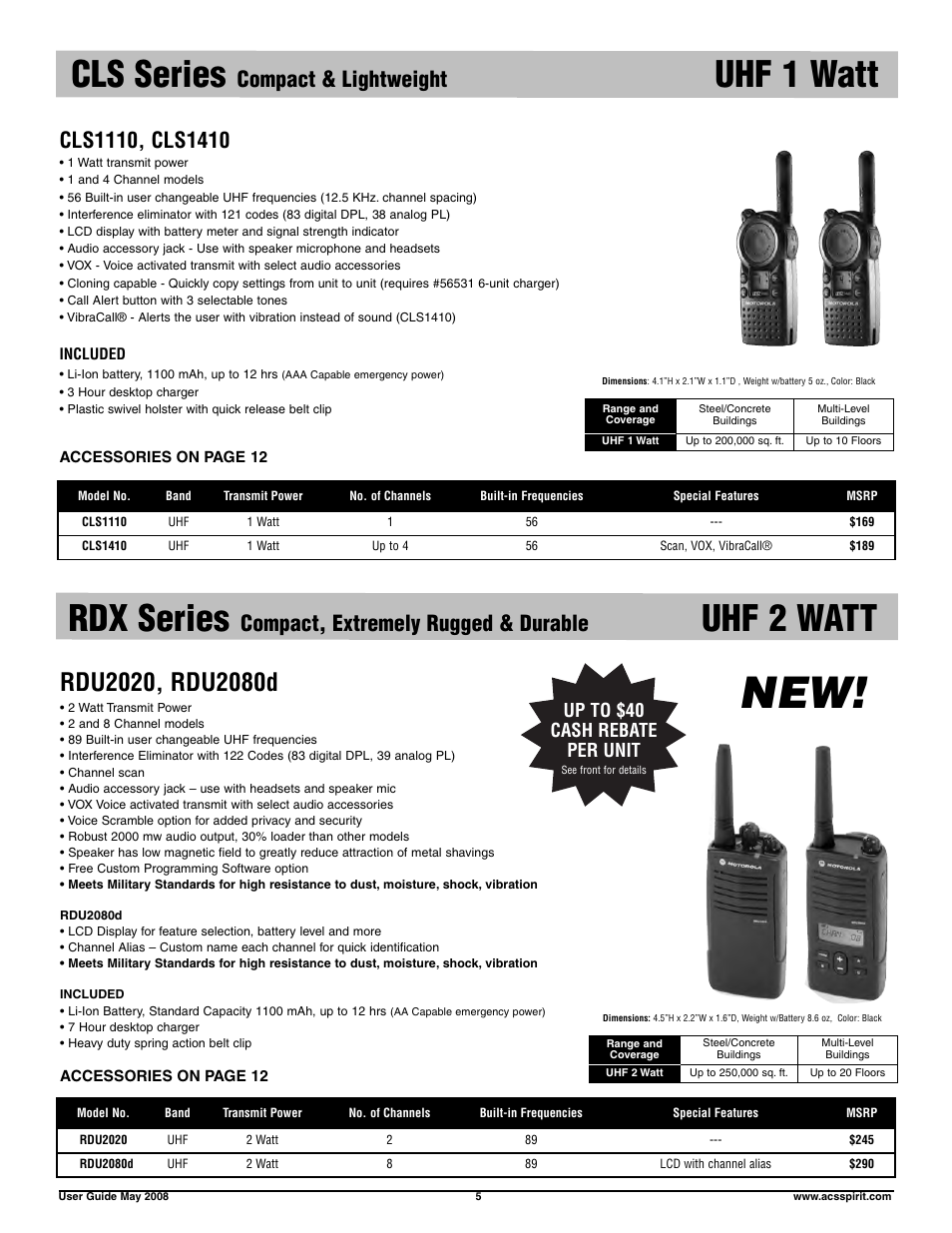 Cls series, Uhf 1 watt, Rdx series | Uhf 2 watt, Compact & lightweight, Compact, extremely rugged & durable, Up to $40 cash rebate per unit | Motorola RDX RDV5100 User Manual | Page 5 / 15