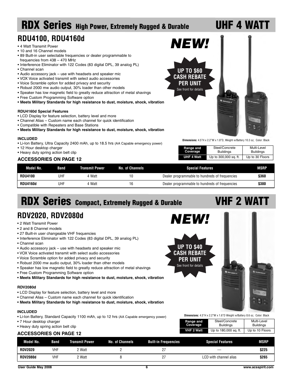 Rdx series, Uhf 4 watt, Vhf 2 watt | High power, extremely rugged & durable, Compact, extremely rugged & durable, Up to $60 cash rebate per unit, Up to $40 cash rebate per unit | Motorola RDX RDV5100 User Manual | Page 6 / 15