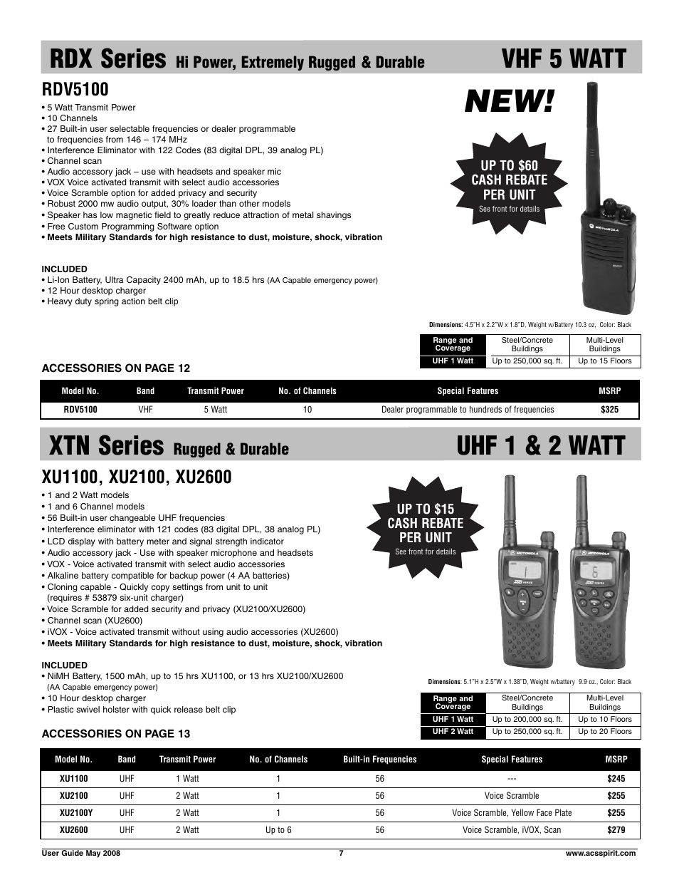 Rdx series, Vhf 5 watt xtn series, Uhf 1 & 2 watt | Rdv5100, Hi power, extremely rugged & durable, Rugged & durable, Up to $15 cash rebate per unit, Up to $60 cash rebate per unit | Motorola RDX RDV5100 User Manual | Page 7 / 15