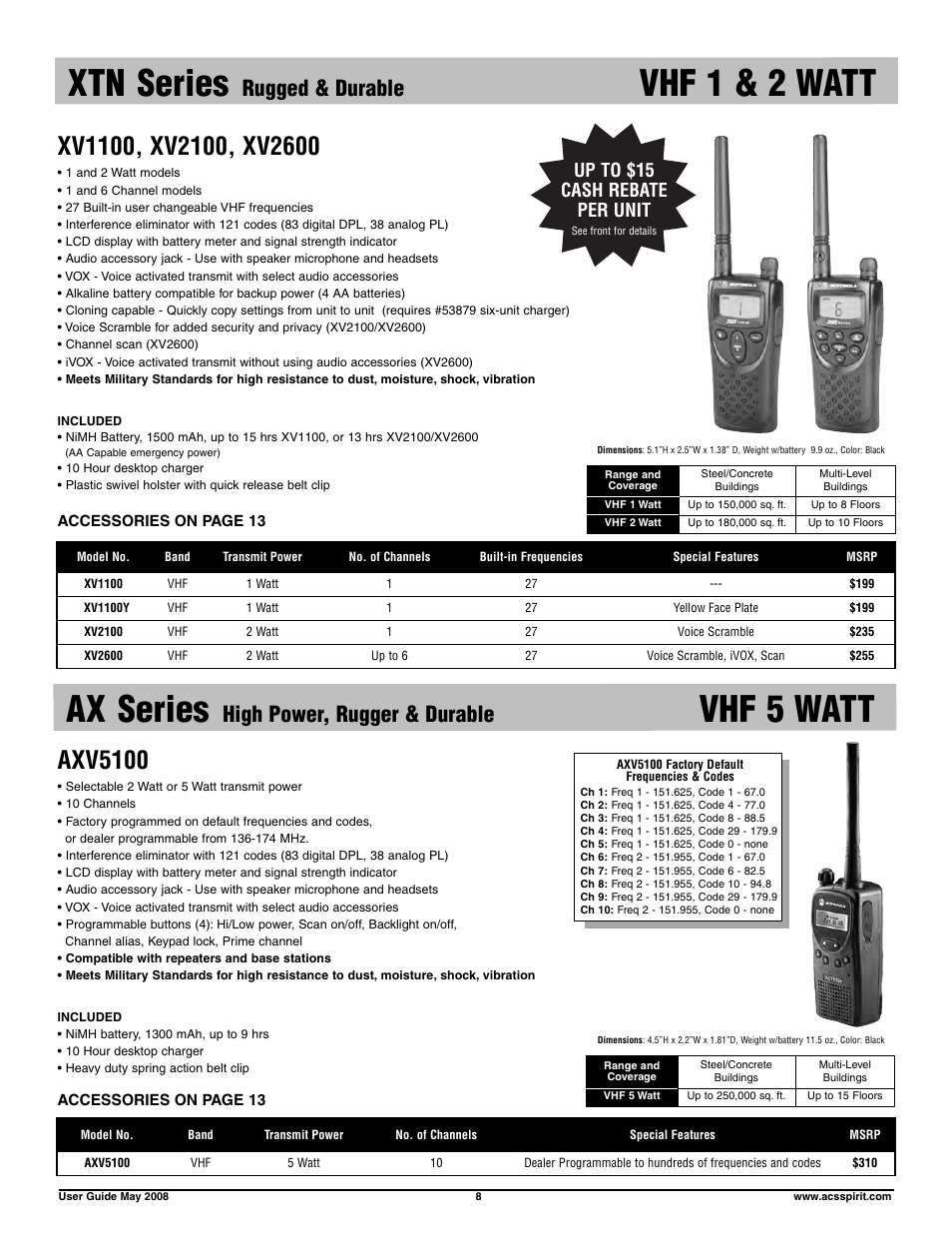 Xtn series, Vhf 1 & 2 watt ax series, Vhf 5 watt | Axv5100, Rugged & durable, High power, rugger & durable, Up to $15 cash rebate per unit | Motorola RDX RDV5100 User Manual | Page 8 / 15