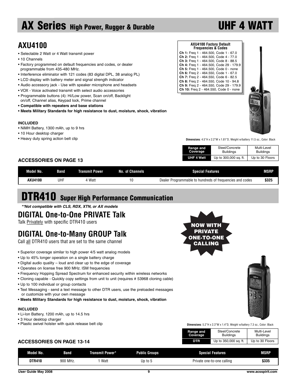 Ax series, Uhf 4 watt, Dtr410 | Axu4100, Digital one-to-one private talk, Digital one-to-many group talk, High power, rugger & durable, Super high performance communication | Motorola RDX RDV5100 User Manual | Page 9 / 15