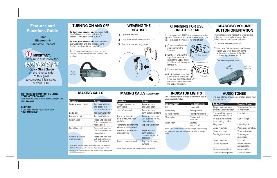 Turning on and off, Wearing the headset, Changing for use on other ear | Changing volume button orientation, Making calls, Indicator lights, Audio tones | Motorola H300 User Manual | Page 2 / 2