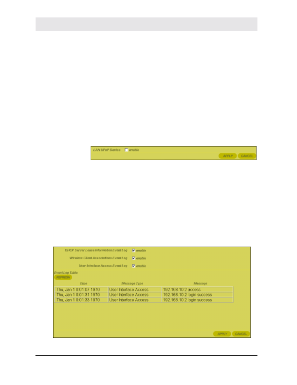 Control panel ˚ upnp, Control panel ˚ event log | Motorola WR850G User Manual | Page 76 / 93