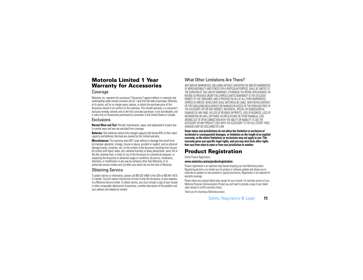 Motorola limited 1 year warranty for accessories, Product registration | Motorola MOTONAV GC450 User Manual | Page 13 / 56
