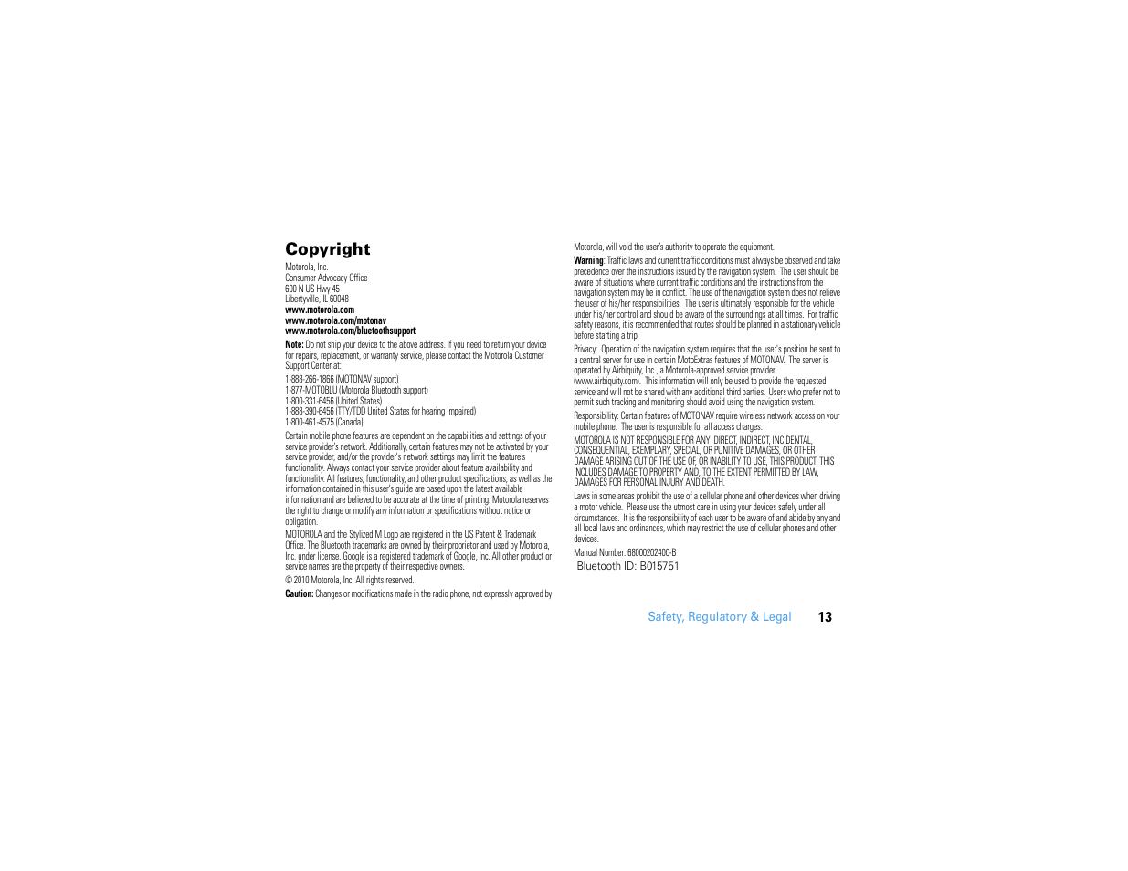Copyright | Motorola MOTONAV GC450 User Manual | Page 15 / 56