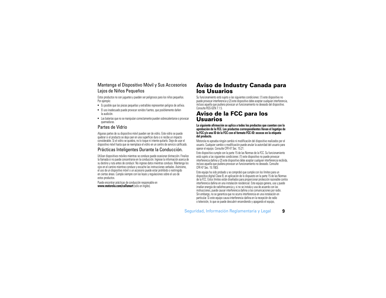 Aviso de industry canada, Aviso de la fcc, Aviso de industry canada para los usuarios | Aviso de la fcc para los usuarios | Motorola MOTONAV GC450 User Manual | Page 27 / 56