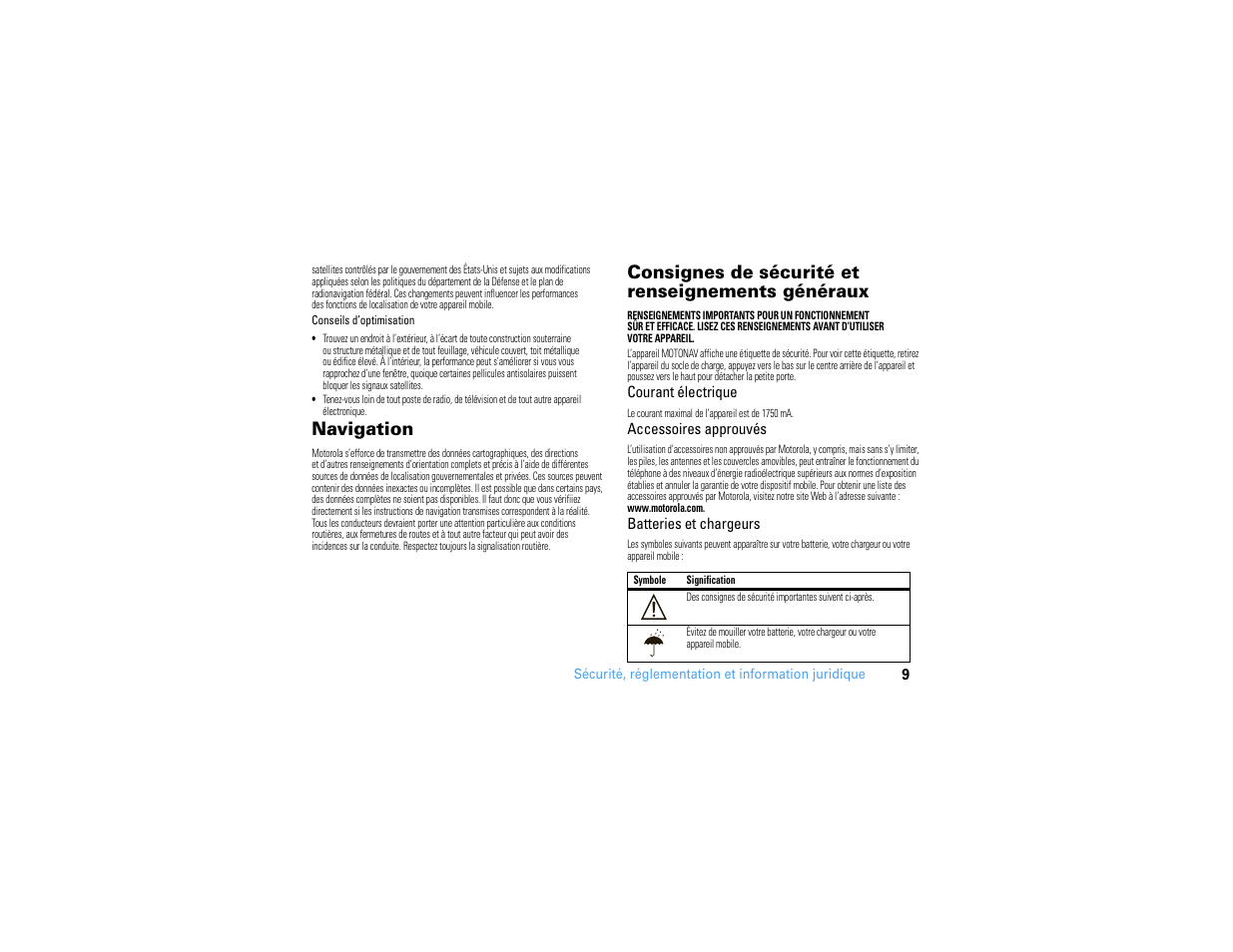 Navigation, Consignes de sécurité et information juridique, Consignes de sécurité et renseignements généraux | Motorola MOTONAV GC450 User Manual | Page 45 / 56