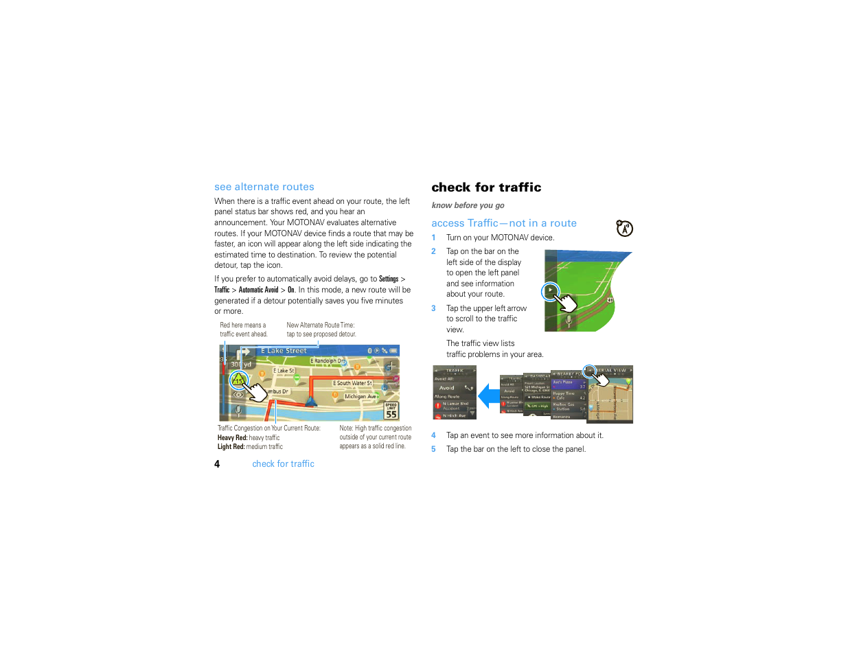 See alternate routes, Check for traffic, Access traffic—not in a route | Motorola MOTONAV GC450 User Manual | Page 6 / 56