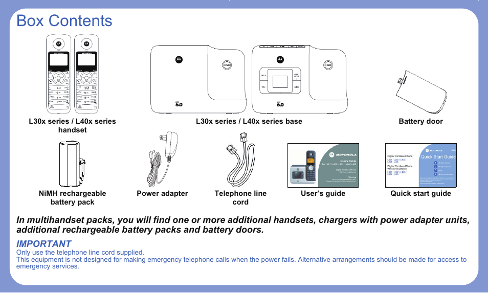 Box contents | Motorola L303 User Manual | Page 2 / 8