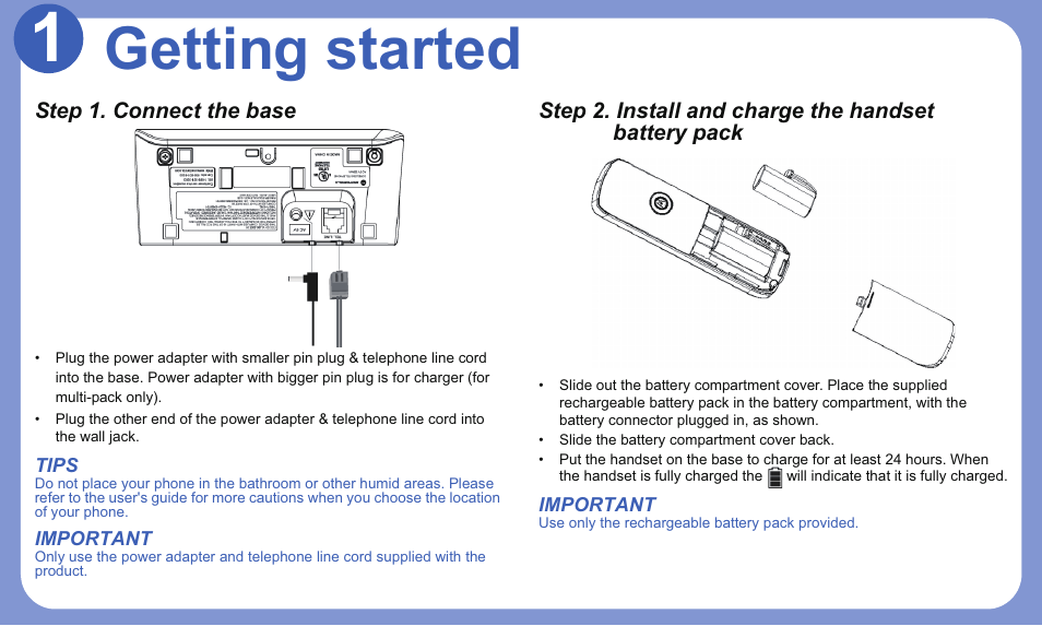 Getting started, Step 1. connect the base | Motorola L303 User Manual | Page 3 / 8