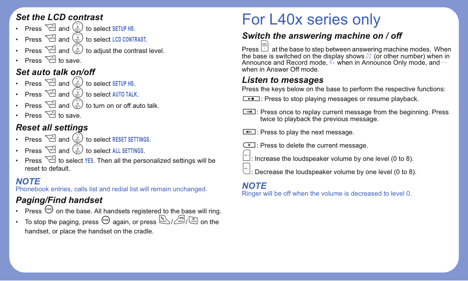 For l40x series only | Motorola L303 User Manual | Page 6 / 8