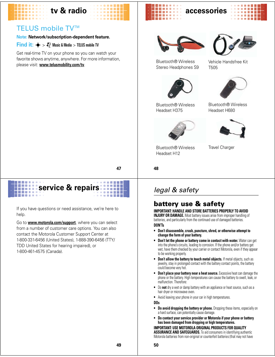 Tv & radio, Accessories, Service & repairs | Telus mobile tv, Legal & safety battery use & safety, Find it | Motorola Adventure 68000201627-A User Manual | Page 13 / 19